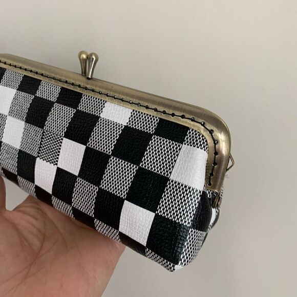 Handmade Genuine Leather Checker Embossed Kiss-lock  Small Clutch/Cosmetics Case - Picture 9 of 13